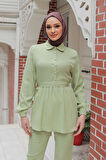 Taş Düğme Detaylı Takım Mint Yeşili