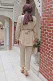 Taş Düğme Detaylı Takım Bej