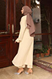 Yaka Detaylı Uzun Takım Bej