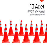 10'lu PVC Trafik Konisi Seti 90 cm Çift Reflektifli 