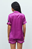 Amoureux Fuşya Kısa Saten Pijama Takımı