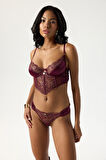 Camile Bordo Saten Büzgülü Dantelli Tanga