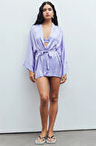Fumée Lila Kısa Saten Sabahlık / Kimono