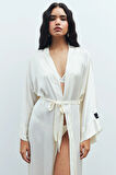 Frappant Ekru Uzun Saten Sabahlık / Kimono