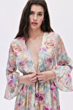 Marguerite Desenli Uzun Saten Sabahlık / Kimono