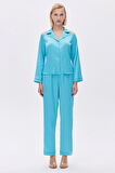 Leyiza Elu Mavisi Uzun Saten Pijama Takımı