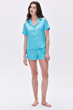 Leyiza Elu Mavisi Kısa Saten Pijama Takımı