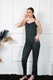 Akbeniz Kadın İp Askılı Yeşil Ekoseli Pijama Takım 4135