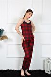 Akbeniz Kadın İp Askılı Kırmızı Ekoseli Pijama Takım 4135