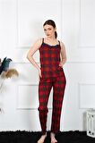Akbeniz Kadın İp Askılı Kırmızı Ekoseli Pijama Takım 4135