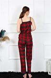 Akbeniz Kadın İp Askılı Kırmızı Ekoseli Pijama Takım 4135