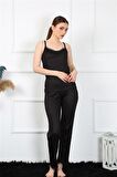 Akbeniz Kadın İp Askılı Siyah Pijama Takım 4136