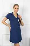 Akbeniz Kadın Pamuk Penye Kısa Kol Düğmeli Lacivert Tunik Gecelik 13109