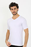 Akbeniz Erkek Likralı V Yaka Beyaz T-Shirt 65700