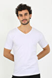 Akbeniz Erkek Likralı V Yaka Beyaz T-Shirt 65700