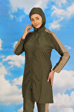 Akbeniz Kadın Pantolonlu Kolu Şeritli Tam Tesettür Mayo Haki 31065