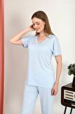 Akbeniz Kadın Kısa Kol Pamuk Penye Pijama Takım Mavi 4213
