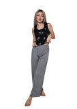 Akbeniz Kadın Kalın Askılı Body Bol Paça Pantolon 2`li Takım Siyah 4217