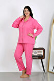 Akbeniz Kadın Büyük Beden Pamuklu Cepli Düğmeli Pembe Pijama Takım 202504