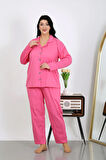 Akbeniz Kadın Büyük Beden Pamuklu Cepli Düğmeli Pembe Pijama Takım 202504