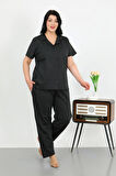 Akbeniz Kadın Büyük Beden Pamuklu Cepli Düğmeli Siyah Pijama Takım 202507