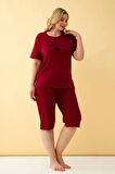 Akbeniz Kadın Bordo Kalp Desenli Büyük Beden Kapri Pijama Takımı
