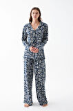 Akbeniz Kadın Lacivert “Paris” Yazı Desenli Düğmeli Pamuklu Pijama Takımı