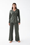 Akbeniz Kadın Haki Düğmeli Pamuklu Pijama Takımı