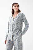 Akbeniz Kadın Gri Desenli Düğmeli Pamuklu Pijama Takımı