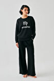 Akbeniz Kadın Siyah Akrep Burcu Oversize 2 İplik Eşofman Ev Giyim Takımı