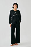 Akbeniz Kadın Siyah Yay Burcu Oversize 2 İplik Eşofman Ev Giyim Takımı