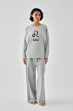 Akbeniz Kadın Gri Aslan Burcu Oversize 2 İplik Eşofman Ev Giyim Takımı