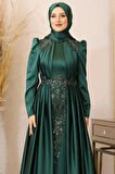 Karaca Önü Drapeli Aplikli Tesettür Abiye Zümrüt