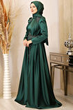 Karaca Önü Drapeli Aplikli Tesettür Abiye Zümrüt