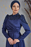 Bersu Önü Pul Boncuk İşlemeli Tesettür Abiye Lacivert