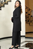 Parla Uzun Ceket Pantolon İkili Tesettür Takım Siyah