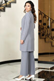 Parla Uzun Ceket Pantolon İkili Tesettür Takım Gri