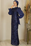 Balon Kollu Pul Payetli Azra Tesettür Abiye Lacivert