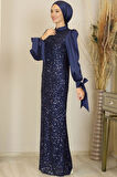 Balon Kollu Pul Payetli Azra Tesettür Abiye Lacivert