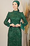 Kollari Fiyonklu Pul Payetli Sultan Tesettür Abiye Zümrüt