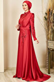 Önü Drapeli Kuyruklu Boncuk İşlemeli Miranda Tesettür Abiye Kırmızı