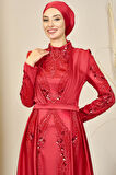Önü Drapeli Kuyruklu Boncuk İşlemeli Miranda Tesettür Abiye Kırmızı