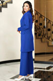 Parla Uzun Ceket Pantolon İkili Tesettür Takım Saks