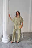 KETEN BELDEN BÜZGÜ DETAYLI GÖMLEK - PANTOLON TAKIM - Yeşil