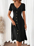 Kadın Kısa Kollu V Yakalı önden Düğmeli A Kesim Dokuma Elbise