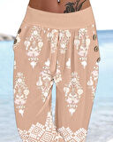 Kadın Beli Lastikli Etnik Desenli Kapri Süprem Pantolon