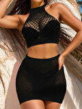Kadın Balıkçı Yaka Delikli Krop Bluz Ve Etek Triko Ikili Takım