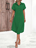 Kadın Kısa Kollu Yakalı Düğme Detay Midi Dokuma Elbise