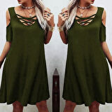 Dekolteli Bağcık Detay Viskon Kumaş Elbise