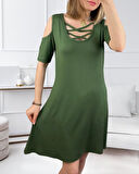 Dekolteli Bağcık Detay Viskon Kumaş Elbise